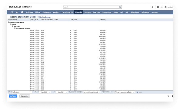 NetSuite income statement detail dashboard