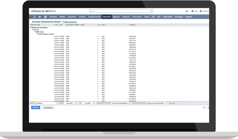 NetSuite income statement detail report