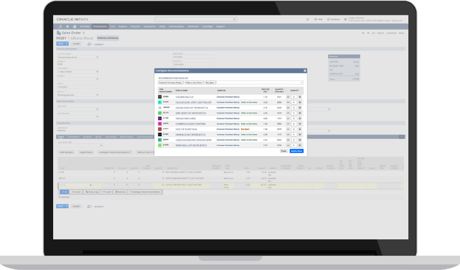 NetSuite Intelligent Item Recommendations screen