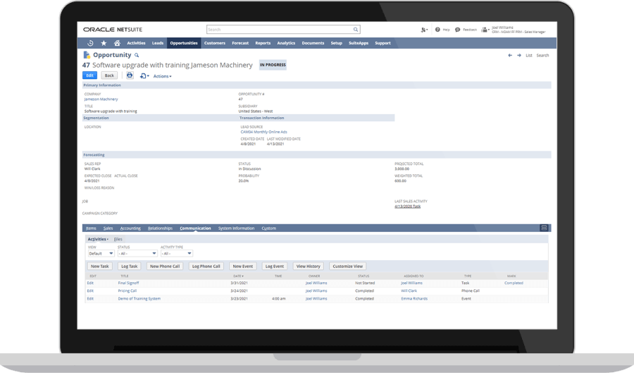 NetSuite opportunity screen