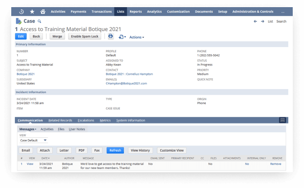 NetSuite case information screen