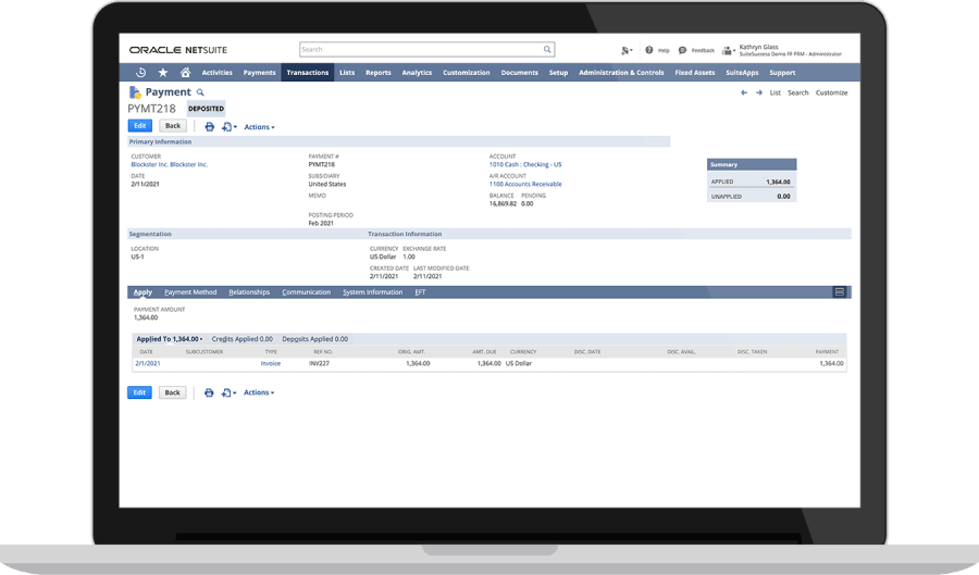 NetSuite Payments dashboard