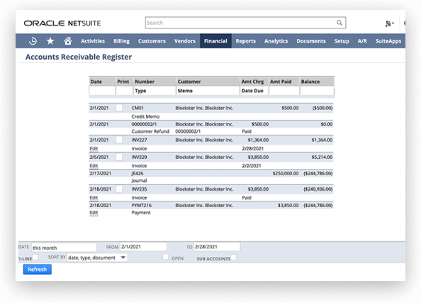 NetSuite Accounts Receivable dashboard