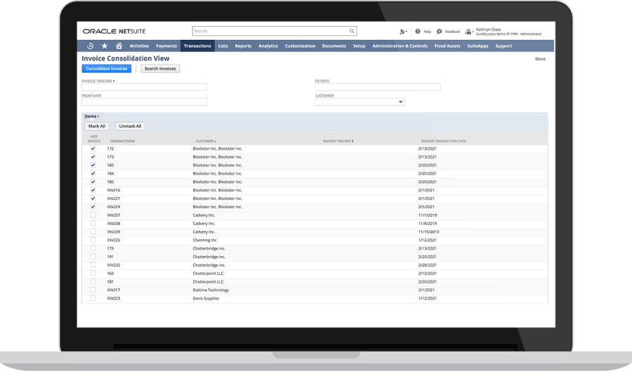 NetSuite Invoice Consolidation dashboard