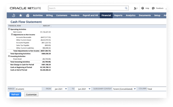 NetSuite cash flow statement dashboard