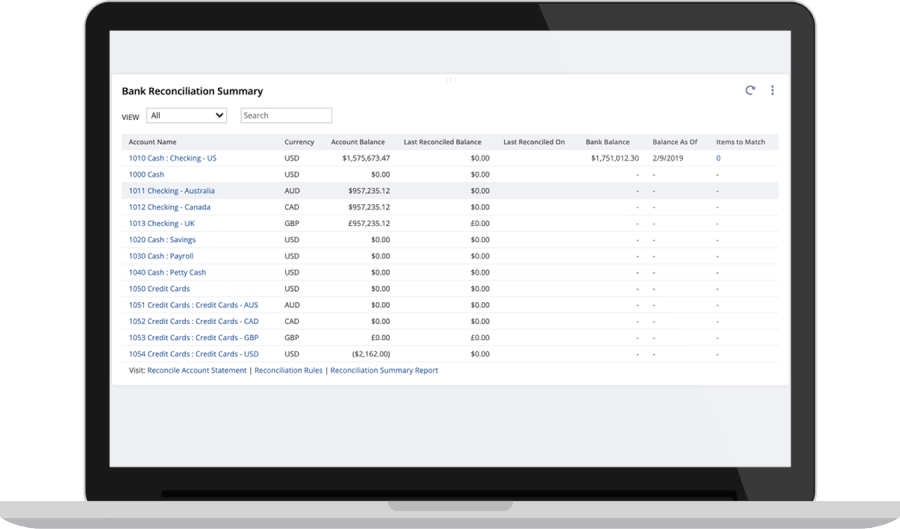 NetSuite Automated Reconciliation dashboard