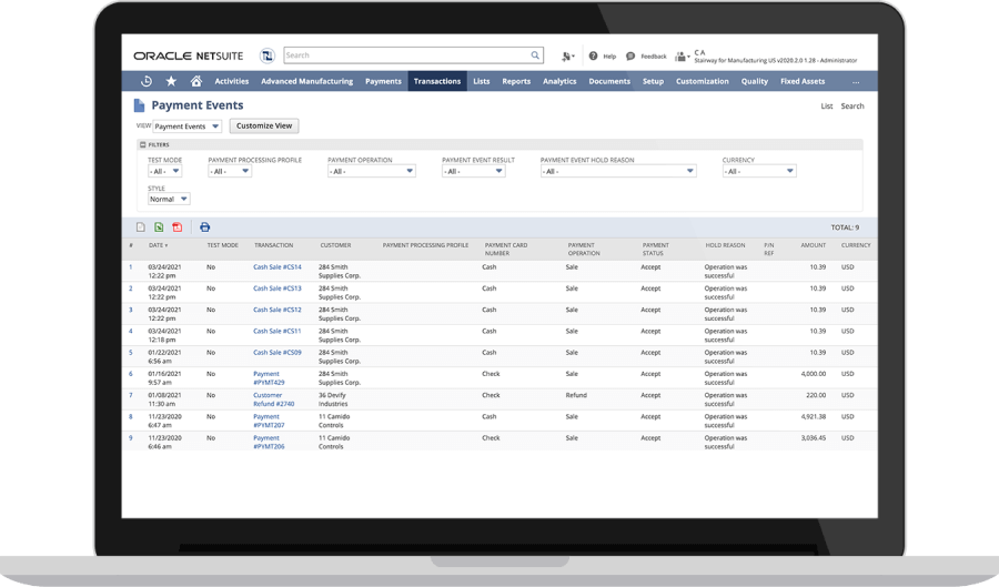 NetSuite Electronic Bank Payments dashboard