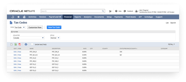 NetSuite Tax Management dashboard