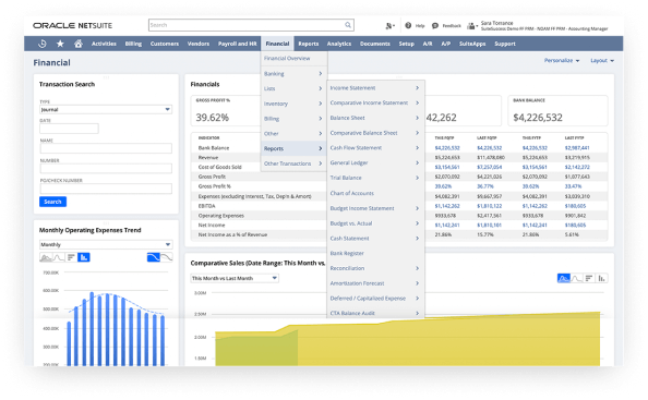 NetSuite Financial dashboard showing different financial reports options