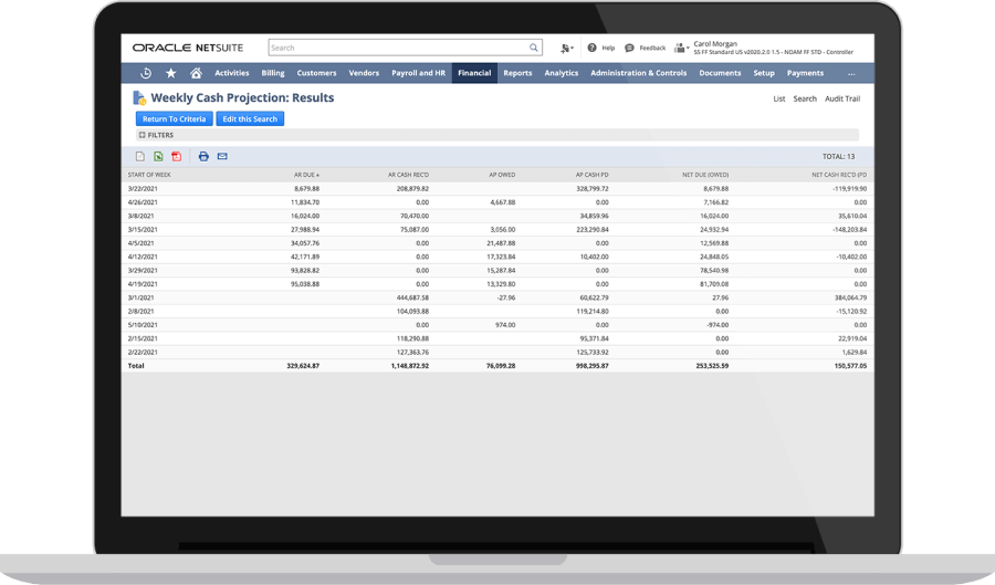 NetSuite Cash Management dashboard