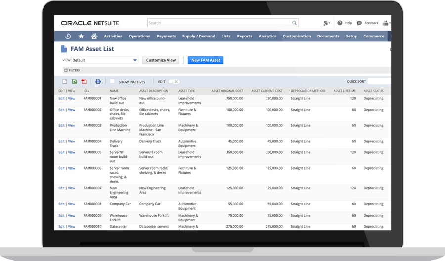 NetSuite Fixed Assets Management dashboard