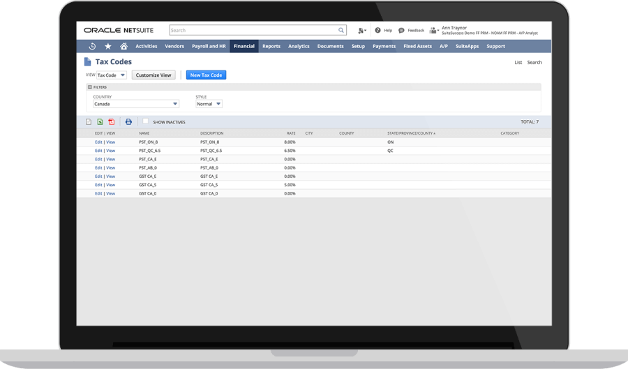 NetSuite Tax Management dashboard