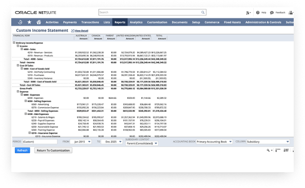 NetSuite custom income statement dashboard