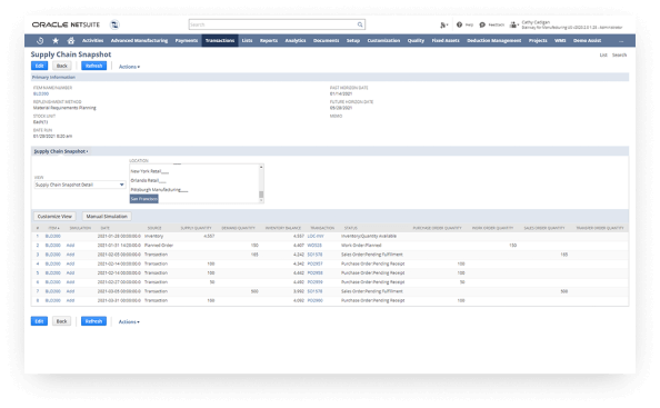 Supply chain snapshot on NetSuite Dashboard