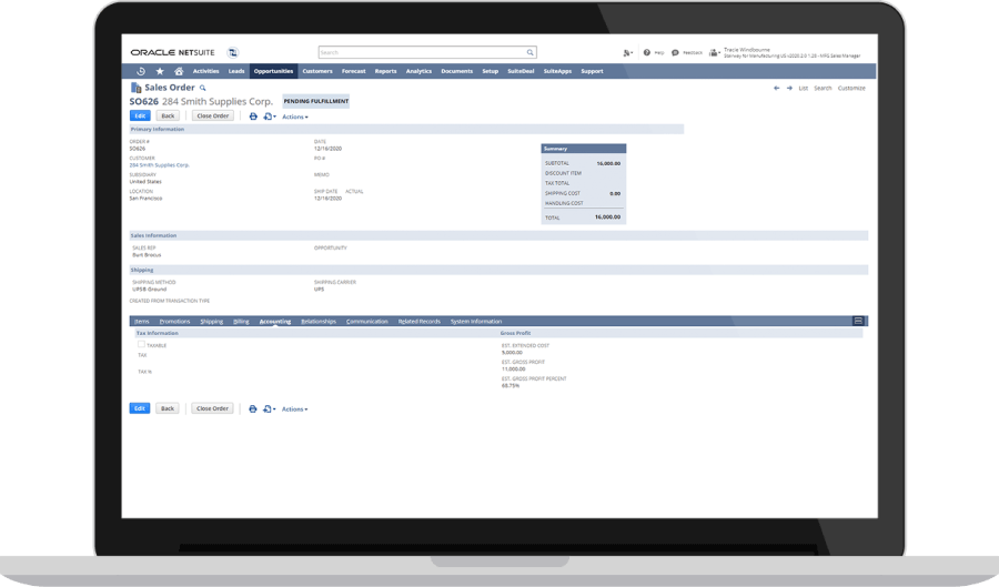 Screenshot. NetSuite Gross Profit Analysis Dashboard.