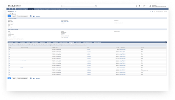 NetSuite vendor details page