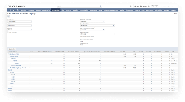 NetSuite cost of materials inquiry page