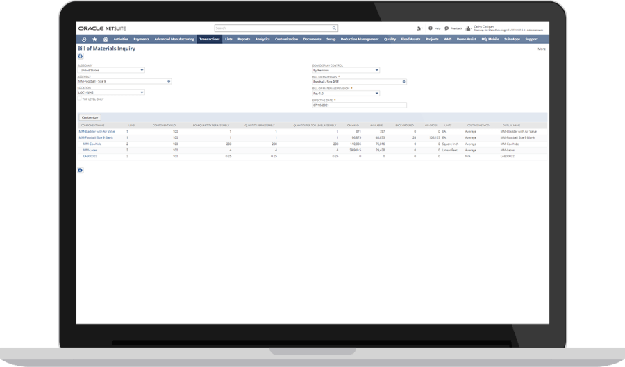 NetSuite Bill of Materials Inquiry page