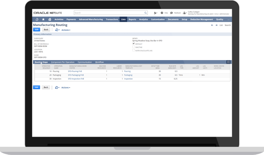 NetSuite Manufacturing routing page