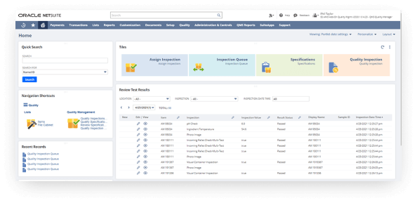 NetSuite quality management dashboard