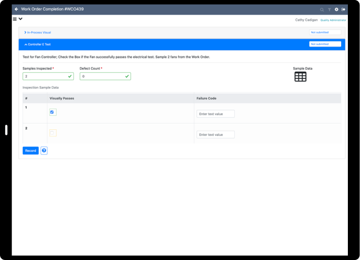 NetSuite work order completion dashboard in a tablet screen