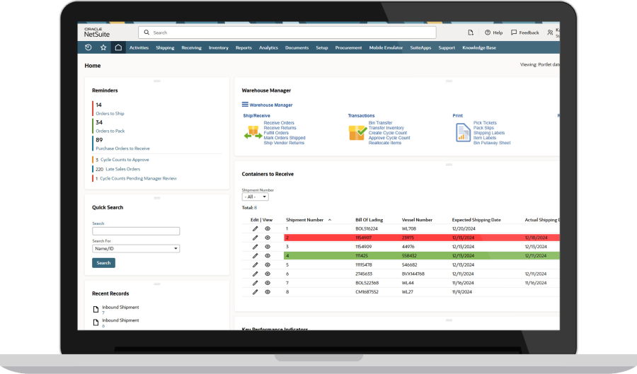NetSuite Container Tracking dashboard
