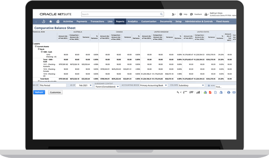 NetSuite Consolidated Financial Statements Dashboard.