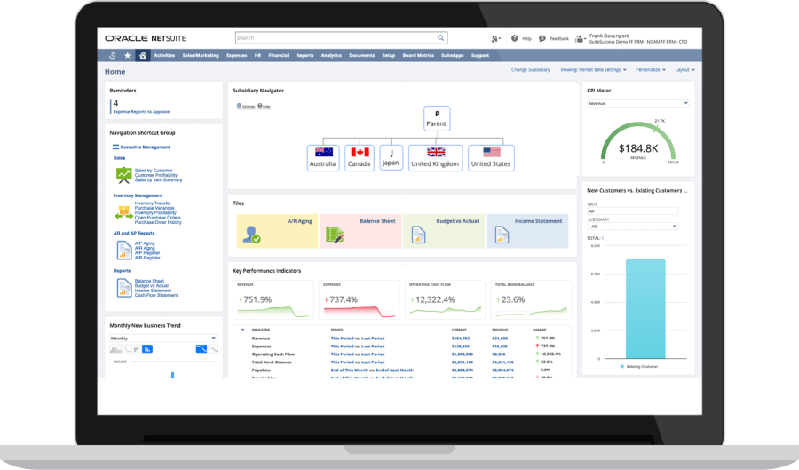 NetSuite Global accounting and consolidation Dashboard.