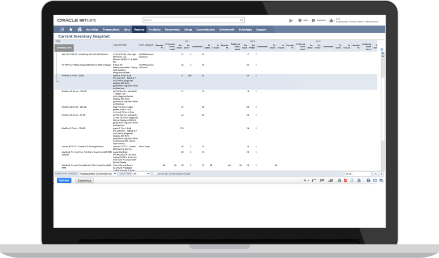 NetSuite's Current Inventory Snapshot dashboard