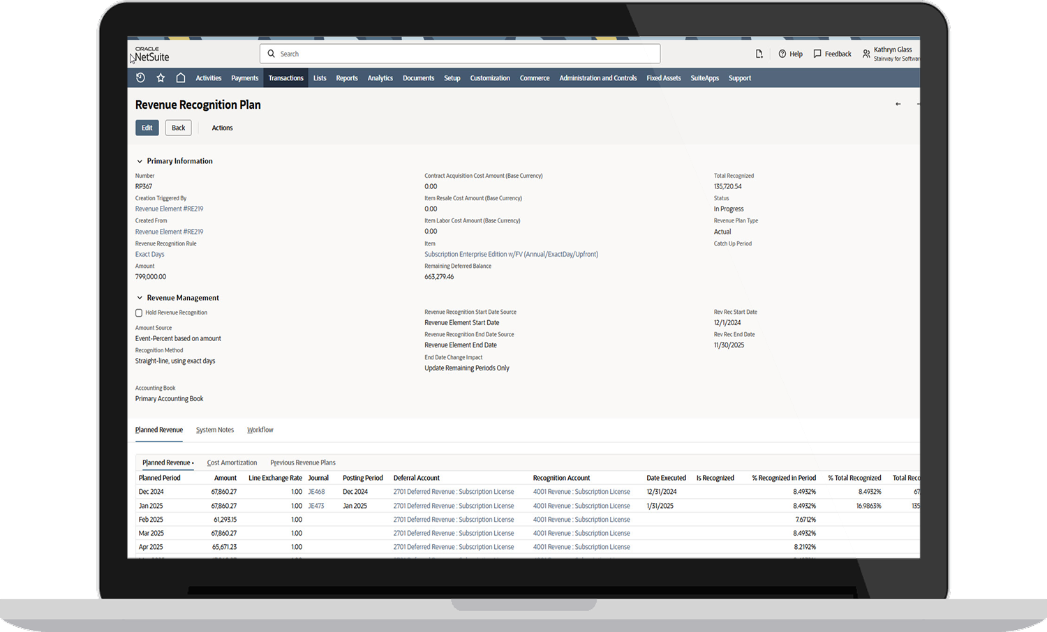 Flexible billing and revenue recognition screen
